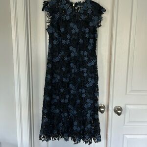 Blue Lace Tea Length Formal Dress